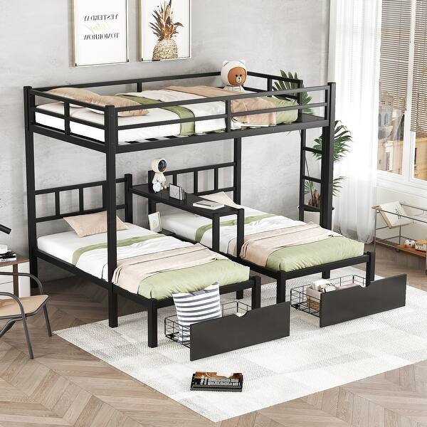 slide 2 of 12, Black Full XL over Twin Size Metal Triple Bunk Bed with Drawers, Multi-functional Metal Frame Bed, Bed Head with Shelving Black