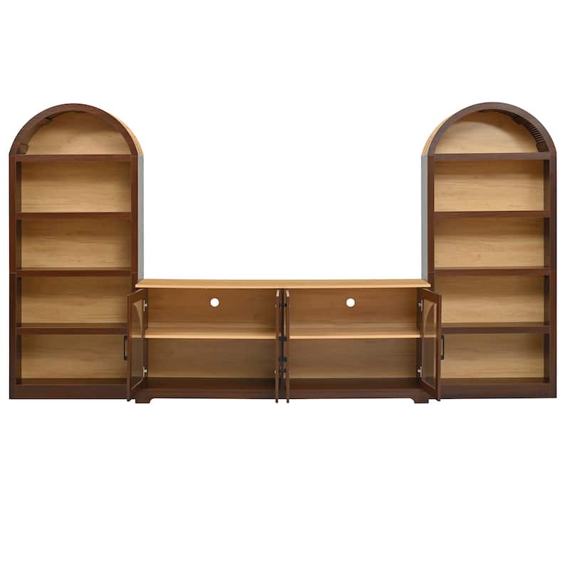 3-Piece TV Stand Set with Bookshelf for TVs Up to 70", Wood Grain Entertainment Center with Arched Design, Tempered Glass Doors