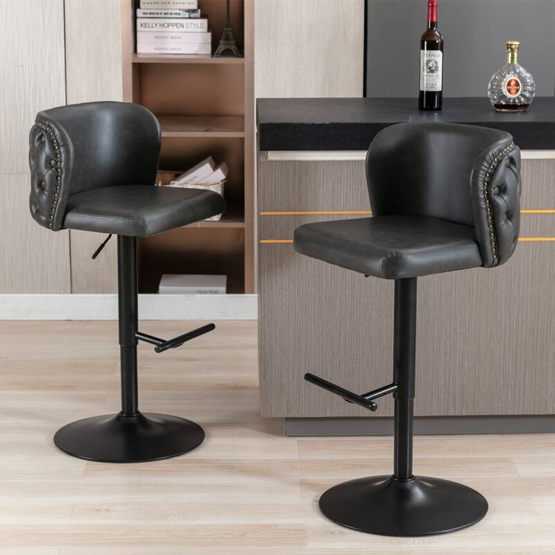 Modern Swivel Barstools, Tufted Back Upholstered Dining Chair, Leather High Bar Chair Adjustable Height, Set of 2