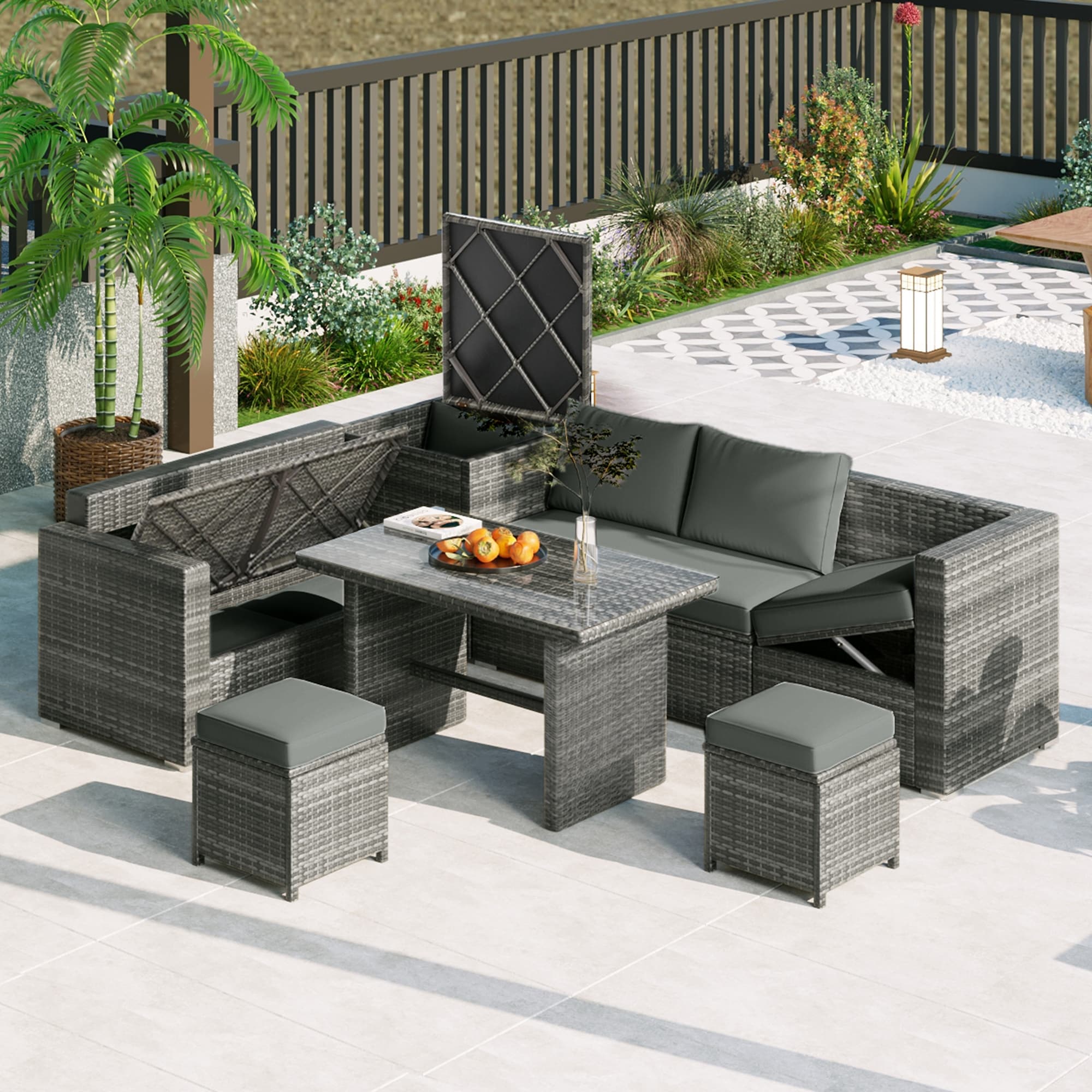 6 Piece PE Rattan Outdoor Sofa Set Storage Box and Tempered Glass Table Garden Patio Wicker Sectional Furniture Set Bed Bath Beyond 40834689