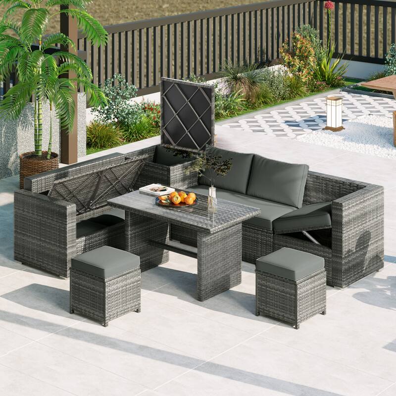 Roomfitters 6-Piece All-Weather PE Rattan Patio Sofa Set with Adjustable Seats, Storage Box and Glass Top Table - Grey