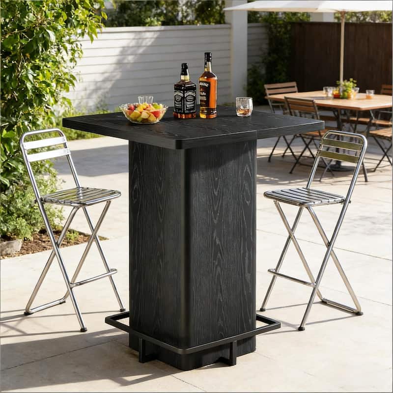 Home Office Table Bar Table, Dining Table for 2-4 People, Pub Table Kitchen Table with Pedestal Base and Footrest - Black