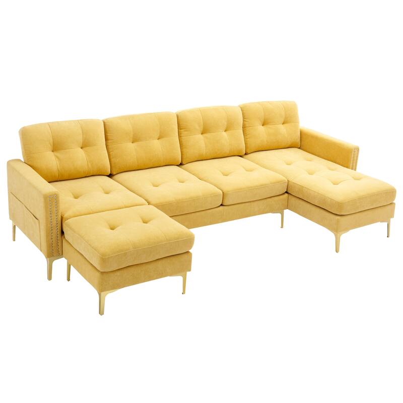 110" L-Shape Convertible Sofa with Ottoman, Yellow Velvet