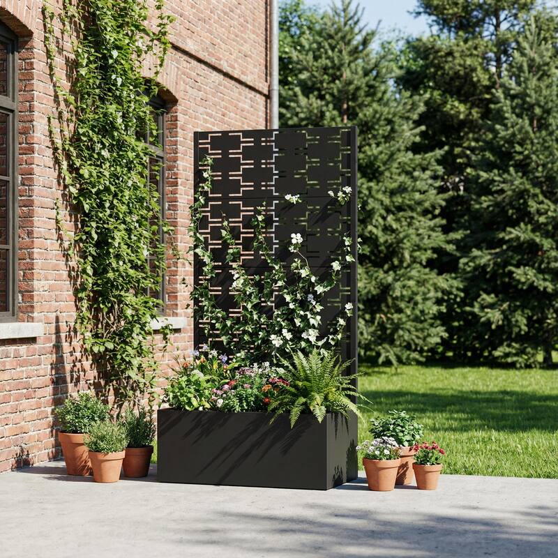 Metal Galvanized Planter Box with Trellis Privacy Screen Lockable Wheels - Black