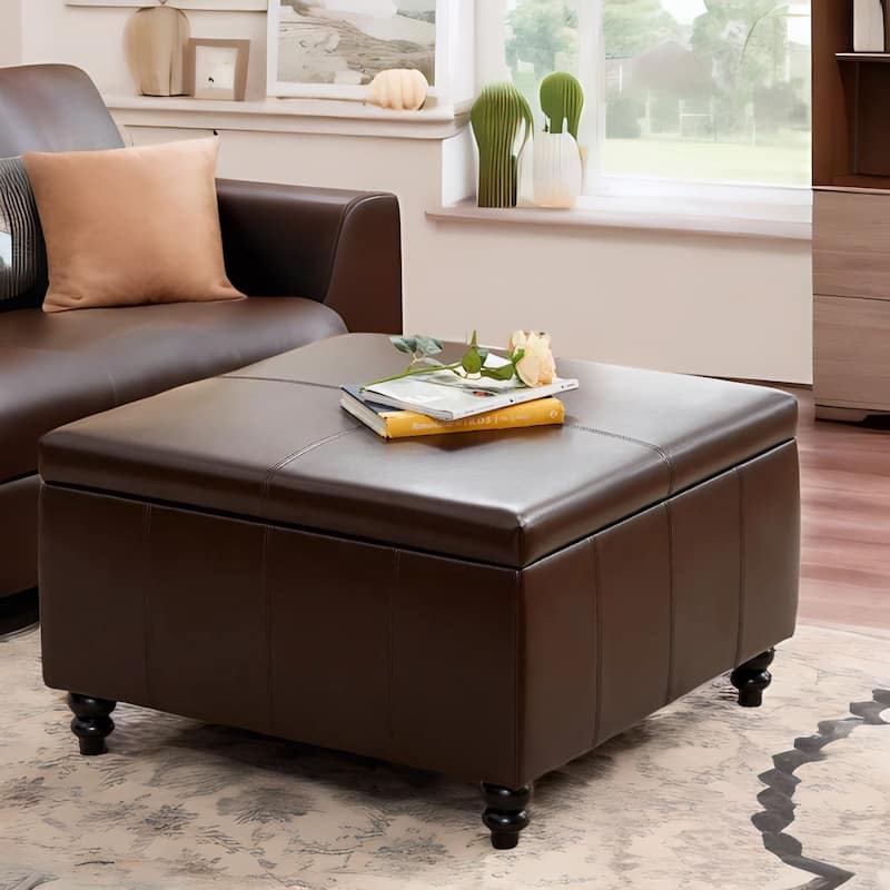 Leather Square Storage Ottoman for Living Room, Brown/ Black 30"W x 30"D x 18.1"H - Brown