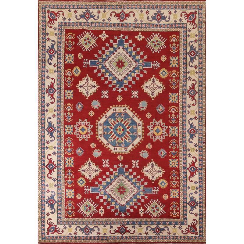 Red Geometric Kazak Oriental Area Rug Handmade Wool Carpet - 9'0"x 11'11"