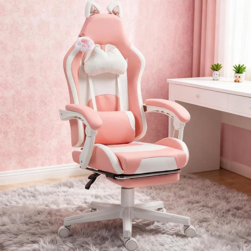 Faux Leather Gaming Chair with Footrest, Racing Gamer Chair, Headrest and Lumbar Support - Pink,White