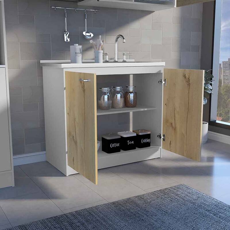 Freestanding Sink Cabinet with Double Doors and Two Shelves, White / Black, Practical Design, Stainless Steel