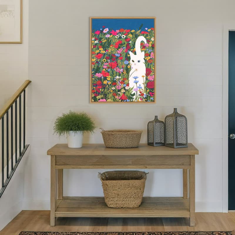White Cat in the Wildflowers by Ec Mazur Framed Canvas Wall Art