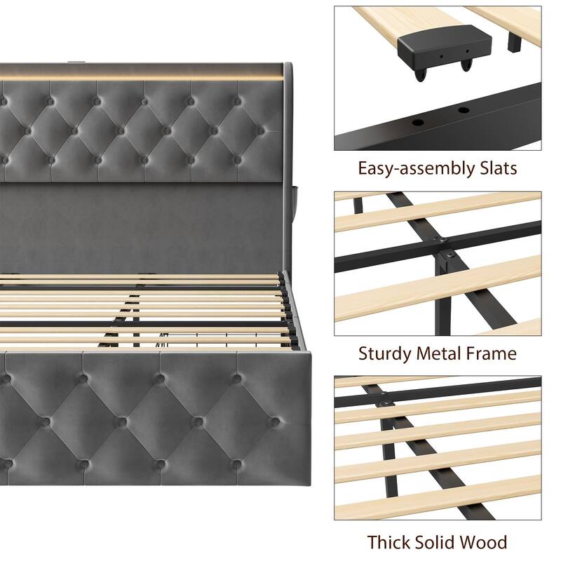 Velvet Upholstered Platform Bed Frame, with LED Lights/Charging Station/Wingback Headboard
