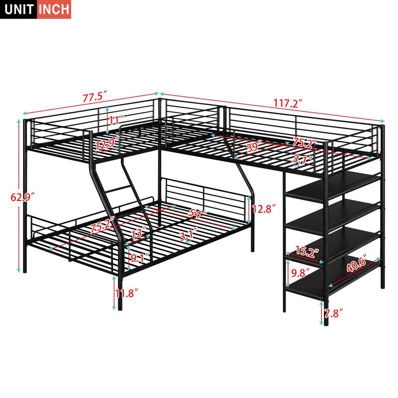 L-Shaped Metal Twin over Full Bunk Bed Built-in Shelves