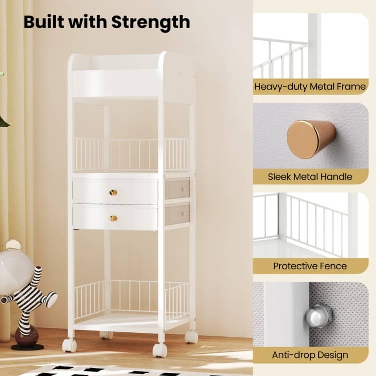 White Rolling Makeup Organizer with Drawers and Shelves Metal Vanity Storage Cart with Wheels - 12" x 12" x 35.5"