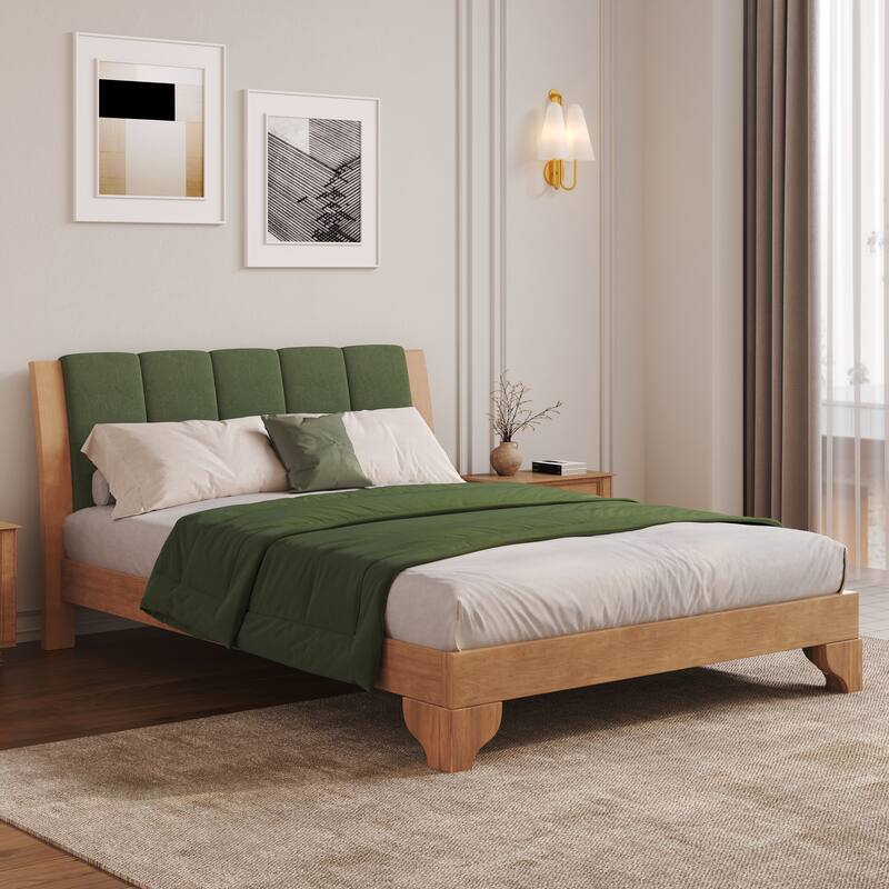 Pine Wood Bed Frame Mid Century Modern Platform Bed with Green Upholstered Headboard, Wood Slat Support Low Profile Wingback Bed - Green Natural - Queen