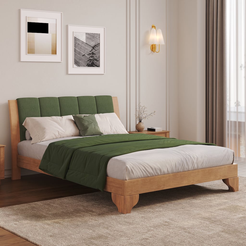 Queen Size Pine Wood Bed Frame with Headboard, Mid Century Modern Design, Natural & Green Finish