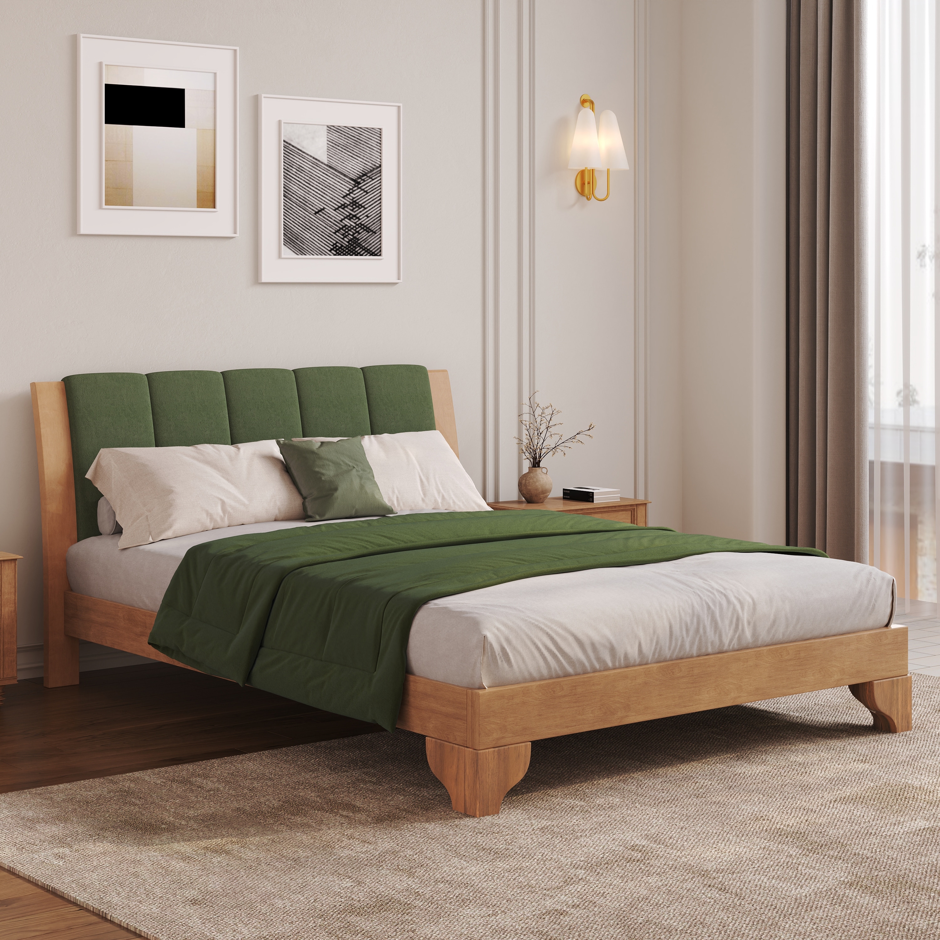 Roomfitters Pine Wood Bed Frame with Headboard, Mid Century Modern Sturdy Platform Base & Wood Slats