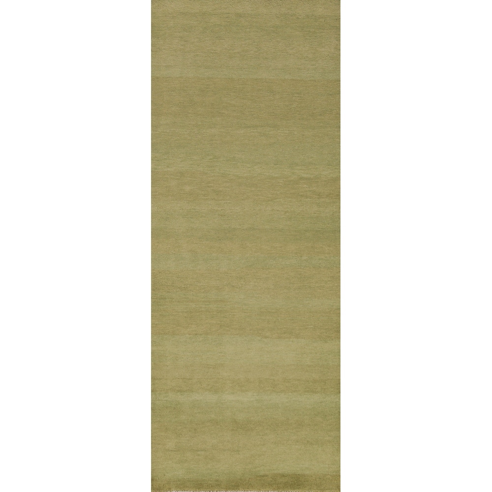 Hand Knotted Oriental 100% Wool Carpet Modern Solid Green Gabbeh Runner Rug - 8' 2'' X 2' 9''