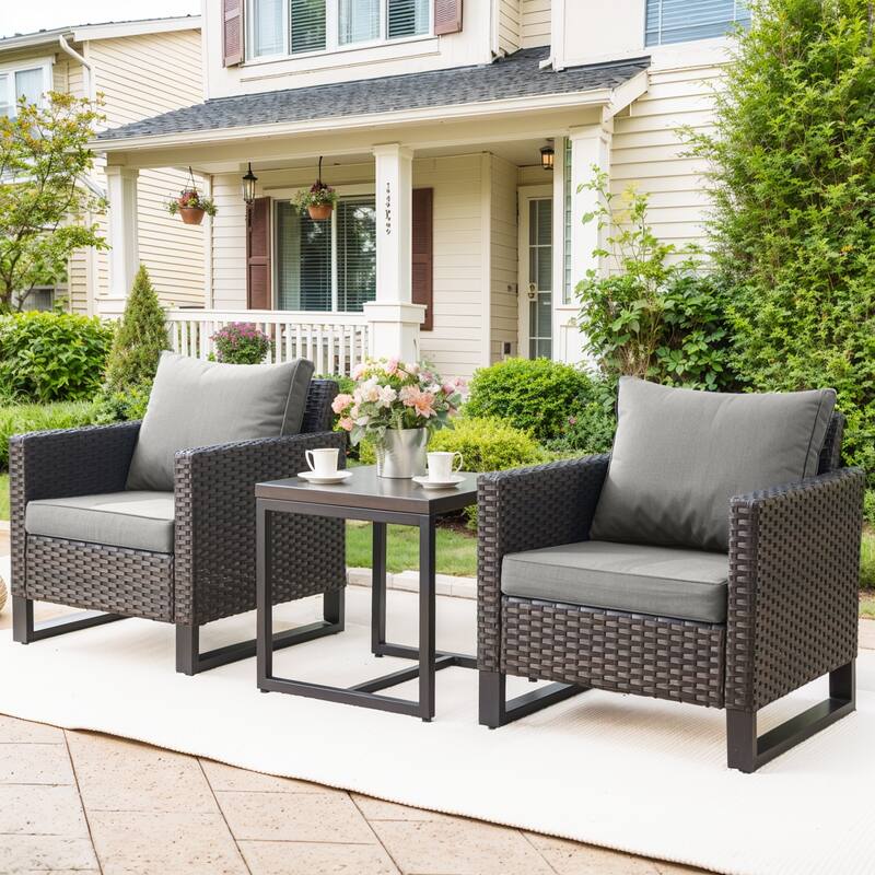 3PCS Patio PE Wicker Chair with Cushion and Table - Brown - Grey