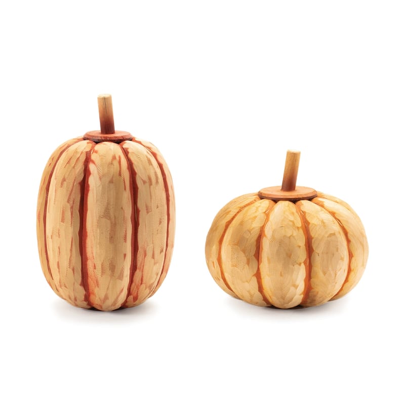 Orange Fir Wood Carved Pumpkin Set of 2 with Rustic Texture for Fall Decor - .5” x 7.5” x 11.5” (L x W x H) - Orange
