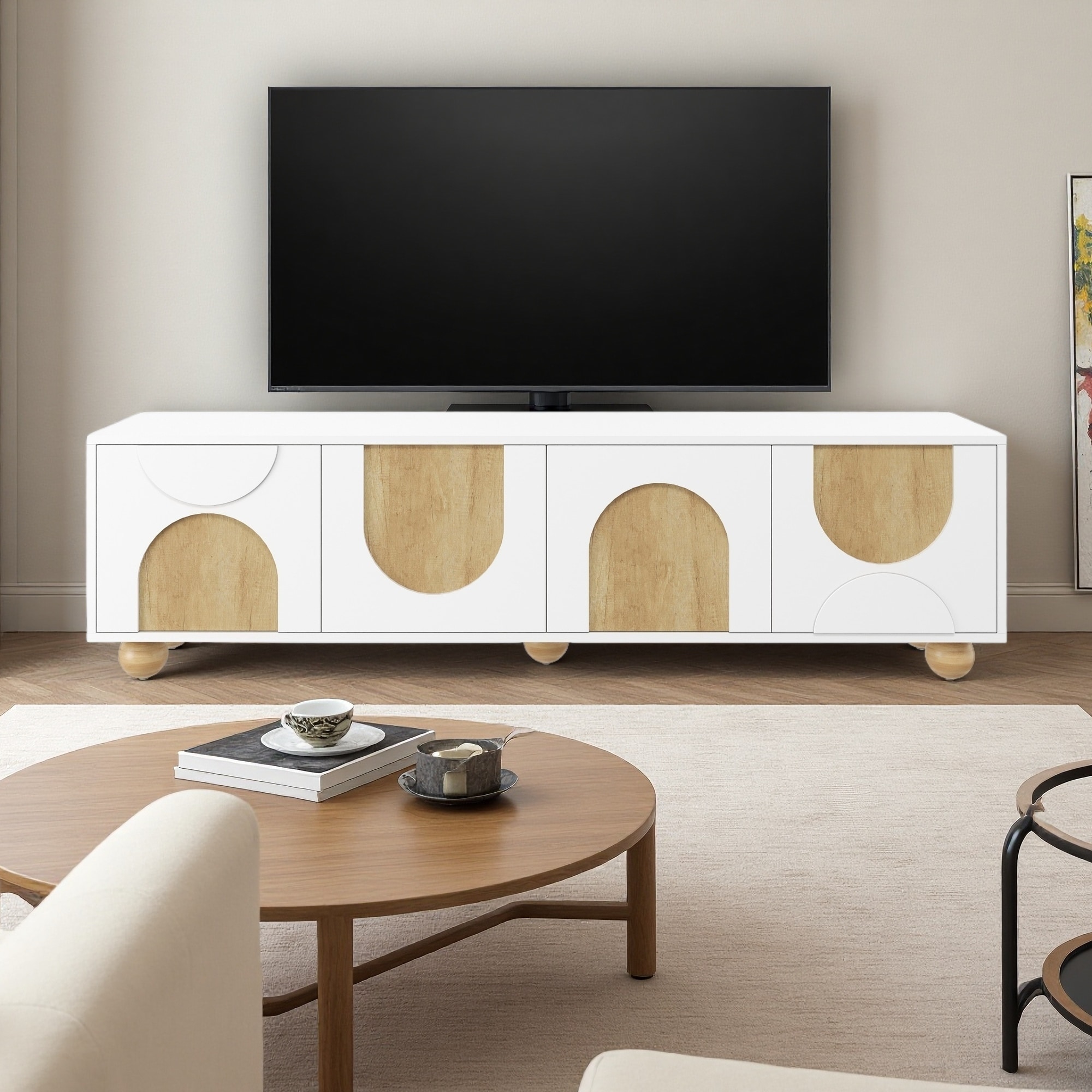 69.6" MDF Farmhouse TV Stand with Cable Holes, Rebound Device and Solid Wood Legs for Living Room or Entryway