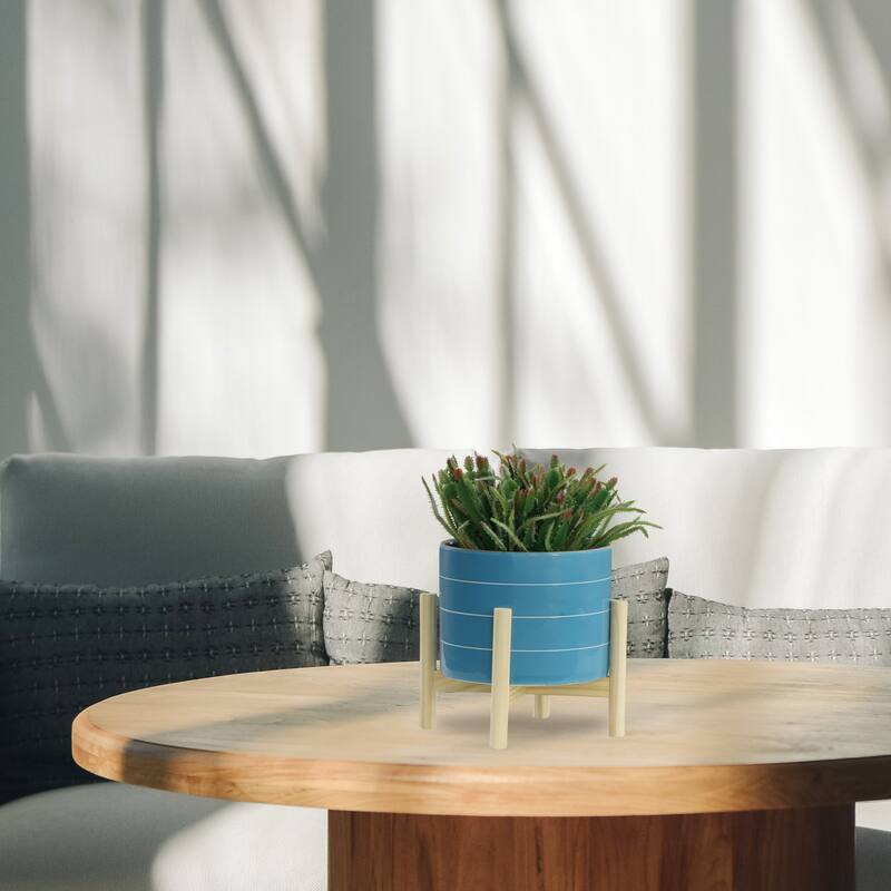 Sagebrook Home Ceramic Planter on Wooden Base Contemporary Coastal Sky Blue and White Striped Design Indoor or Outdoor - 8" x 8" x 9"