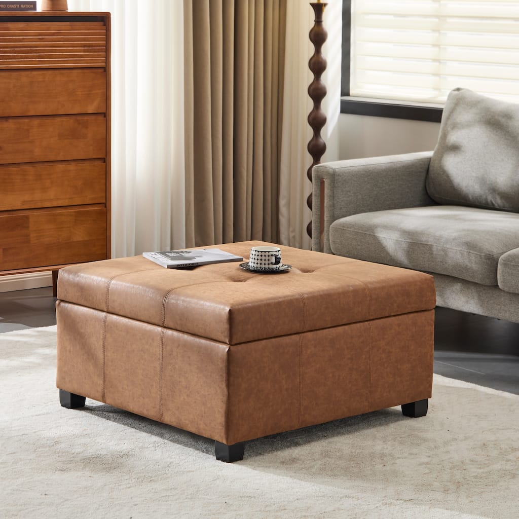 Brown Faux Leather 35" Square Storage Ottoman - Lift-Top Footrest with Hidden Compartment