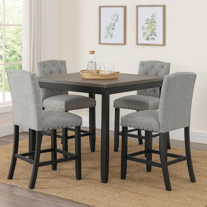 Phy 5pc Counter Table and Chairs Set, Nailheads, Tufted Gray Fabric, Black