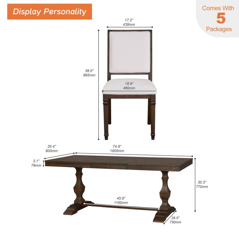 7-pieces Farmhouse Dining Table Set for 6, 74.8" Kitchen Table with Chairs, Solid Wood Legs and Upholstered Back
