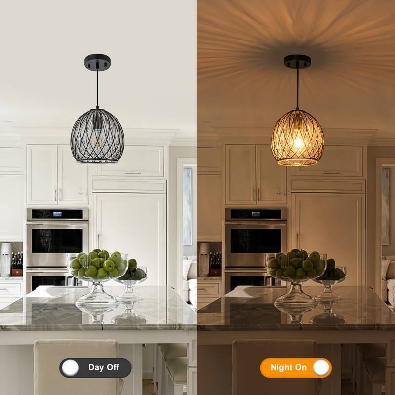 Modern Matte Black Pendant Light with Globe Glass & Wire Cage Kitchen - Dia.8.66-in