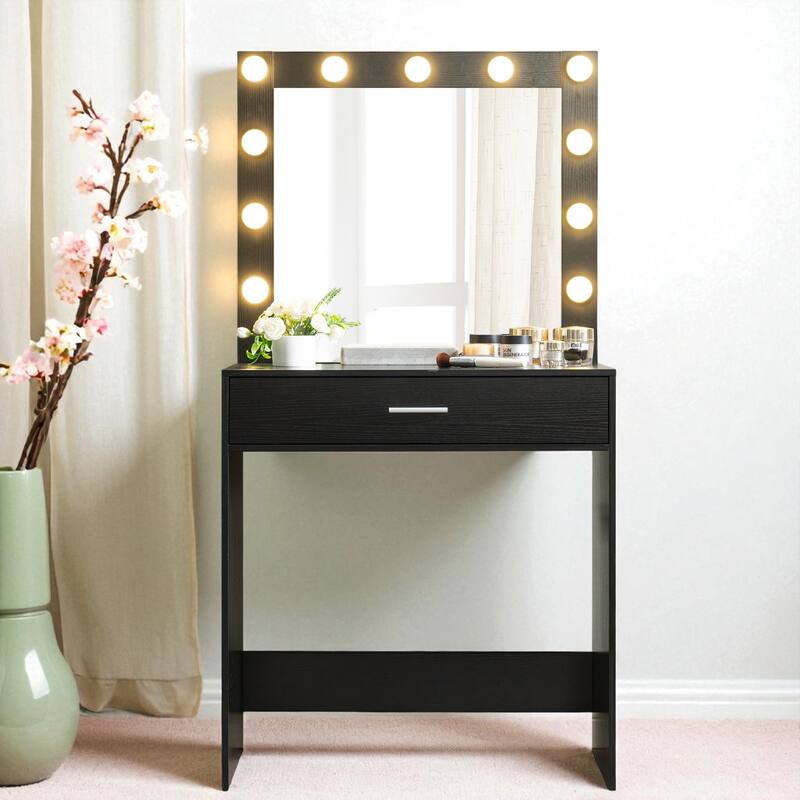 Makeup Vanity Desk with Mirror and LED Lights, Large Drawer, Adjustable Brightness and Storage Shelf - Black