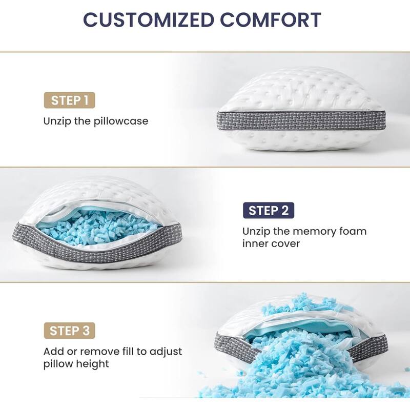 Roomfitters Cooling Gel Memory Foam Pillow, Adjustable Queen Size Bed Pillow for Neck Pain Relief, White