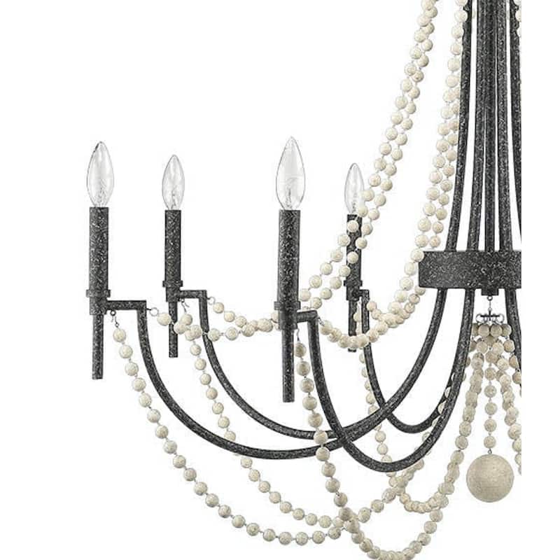8-Light Chandelier in Matte Black With White Wooden Beads