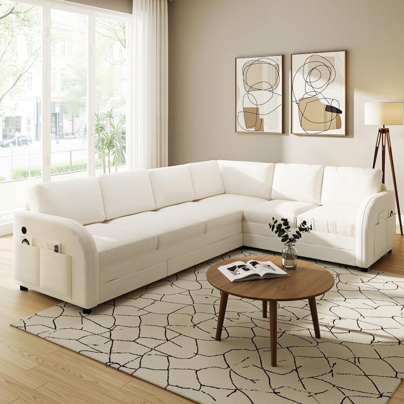 Homy Casa 85"/115" L-Shaped Sectional Sofa Bed USB & Side Pocket, Teddy Fabric Pull-Out Sleeper, Reversible Chaise, Multi Colors