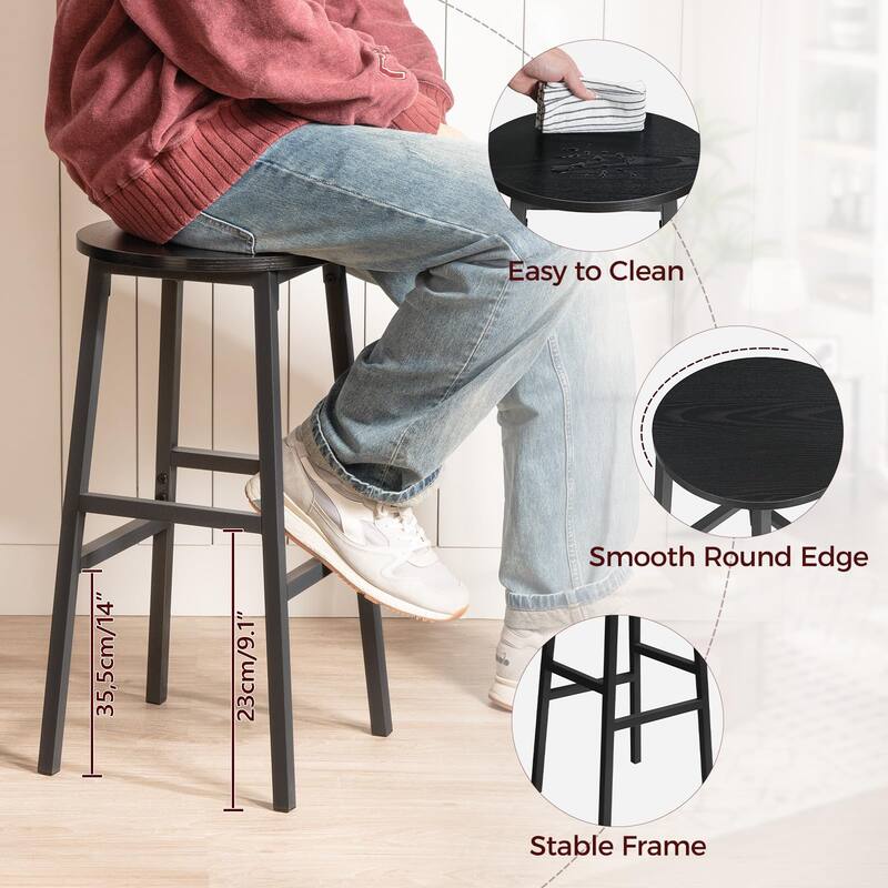 Bar Stools, Set of 2 Round Bar Chairs with Footrest, 24.4 Inch Kitchen Breakfast Bar Stools, Industrial Bar Stools