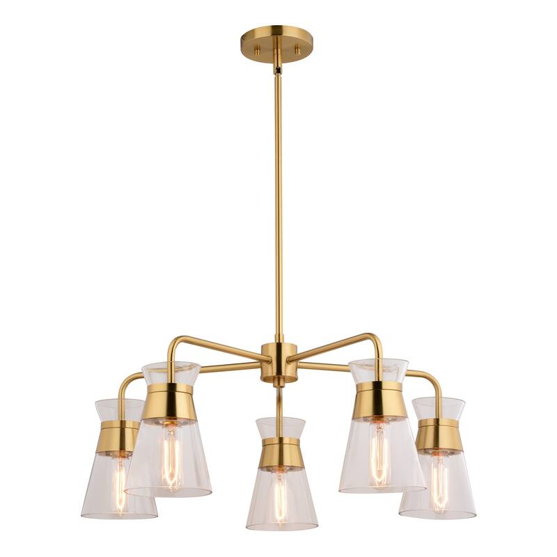 Harper 5-Light 27 in. Wide Natural Brass Gold Mid-Century Modern Chandelier with Clear Glass Cone Shade, Ceiling Fixture