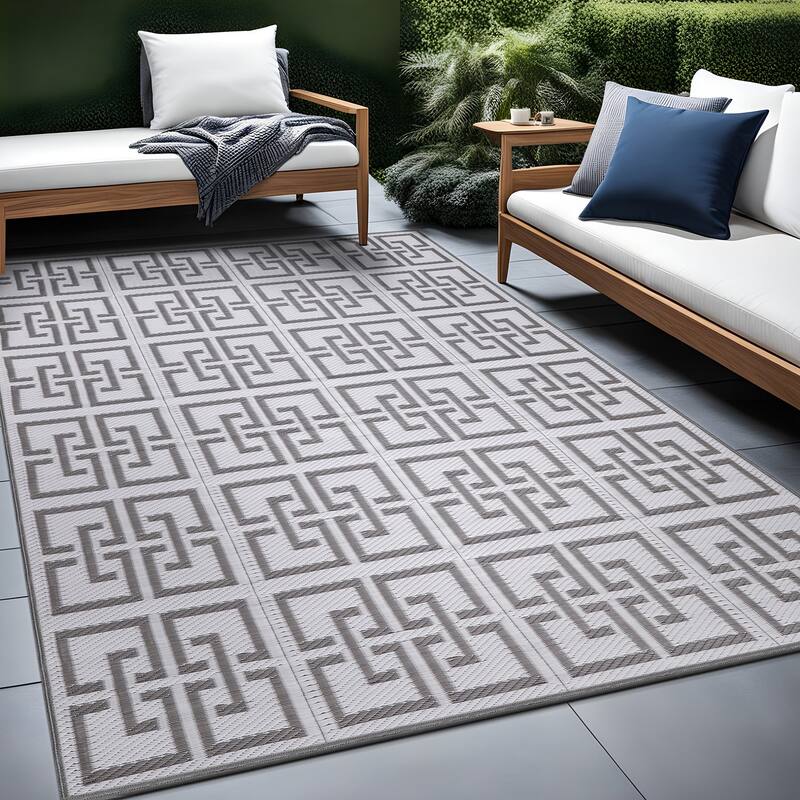 Beverly Rug Geometric Greek Key Outdoor Rug Waterproof for Patio, RV Camping