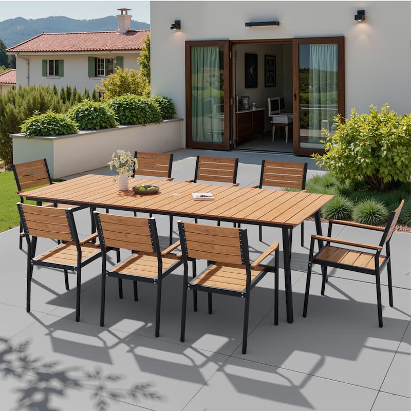 7/9-piece Outdoor Aluminum Rectangle Patio Dining Table with Umbrella Hole and Chairs