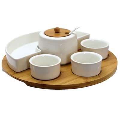 Stoneware and Bamboo Multi-Purpose Appetizer Serving Tray 8 Piece Set