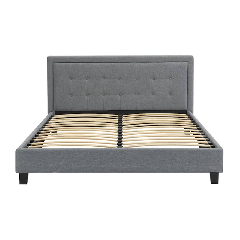 Button Tufted Woven Mid Century Bed Frame with Headboard, Wood Slat Support, No Box Spring Needed, Platform Bed Frame