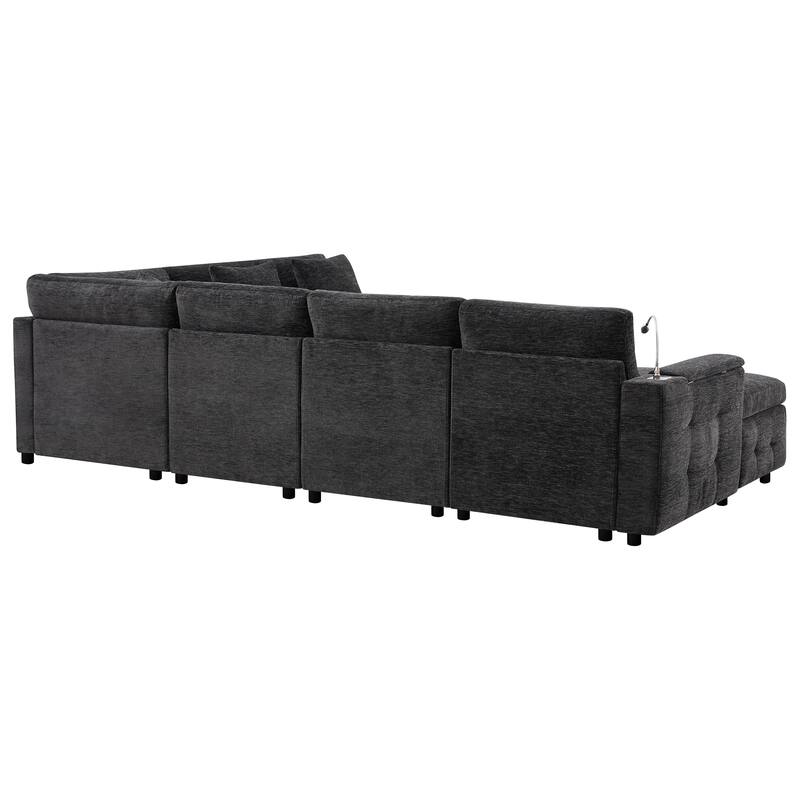 Tufted Chenille Sectional Sofa with Pull-out Bed, Flip-up Table Panel, Reading Lamp, Charging Ports, Storage Ottoman, 6 Pillows