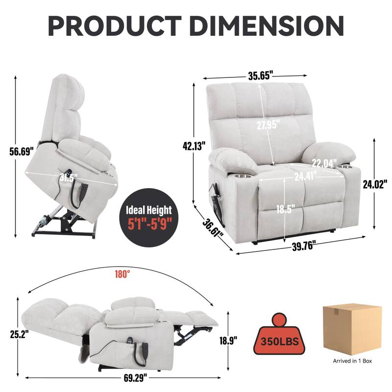 Roomfitters Dual Motor Power Lift Recliner Chair with Heat Massage Oversized Infinite Position Sofa with Cup Holders