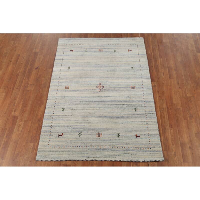Ivory & Blue Striped Gabbeh Accent Rug Hand-Knotted Wool Carpet - 4'0"x 5'9"