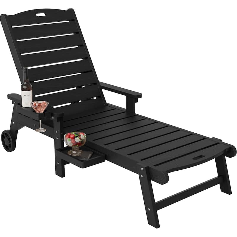 WINSOON HIPS All-Weather Outdoor 5-Position Adjustable Backrest Lounge Chair with Wheels, Cup Holder and Table - Black