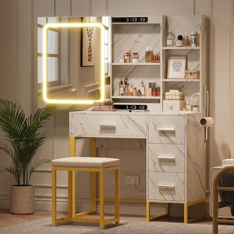 4 Drawers and 5 Shelves Dressing Table, Makeup Vanity Desk with Lighted Mirror