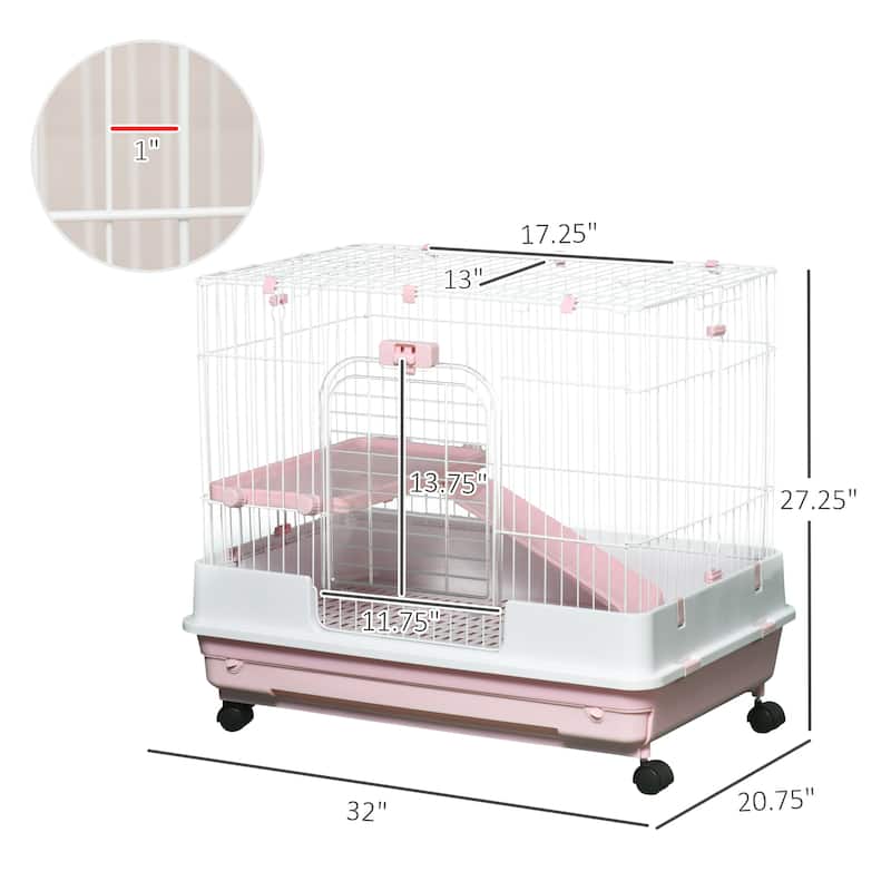 Pet House with Wheels,Small Animal Cage Rabbit Hutch is designed for convenient cleaning - Pink