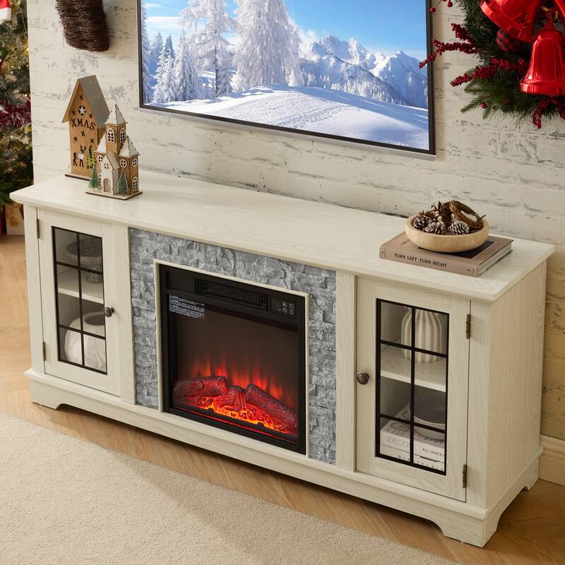 GDFStudio Eulalia Wood 2-Door Storage TV Stand with Faux Stone Mantle