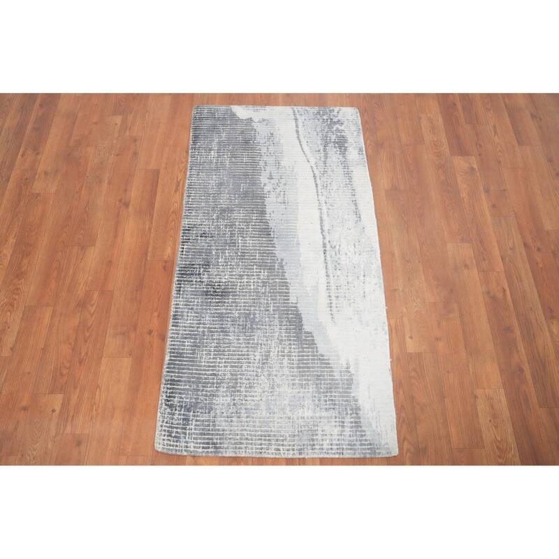 Hand Knotted Oriental Viscose Silk Carpet Modern All-Over Greys & Charcoal Abstract Area Rug - 4' 0'' X 2' 0''