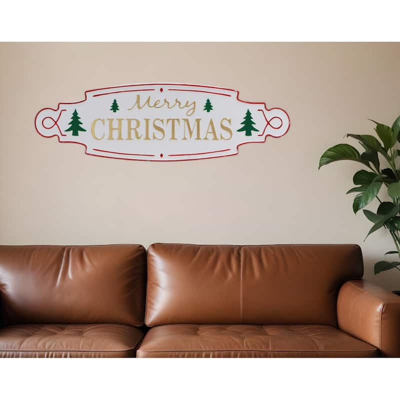 HomeRoots 11" X 36" White Green and Red Merry Christmas Metal Wall Decor - Green/White/Red - 36 in. x 11 in.  x 1.25 in.