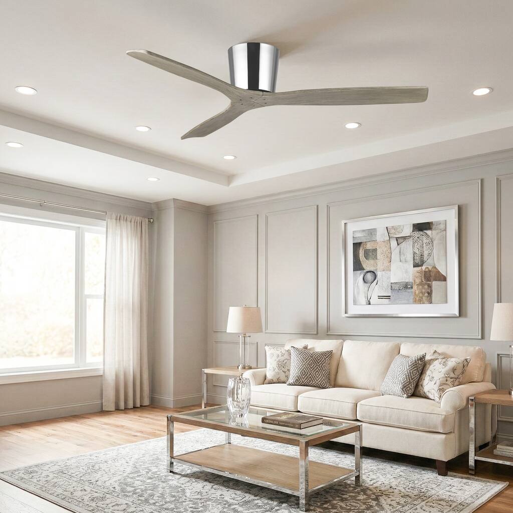 54" Transitional Solid Wood 3-Blade Chrome Flush Mount Ceiling Fan with Remote, No Light
