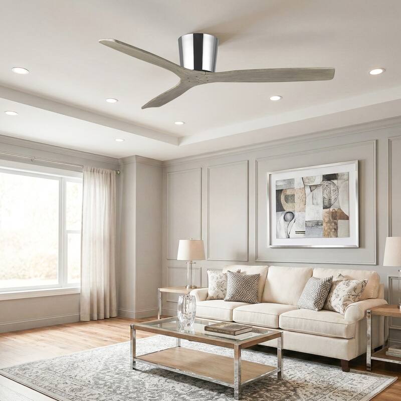 54" Transitional Solid Wood 3-Blade Chrome Flush Mount Ceiling Fan with Remote, No Light - Chrome
