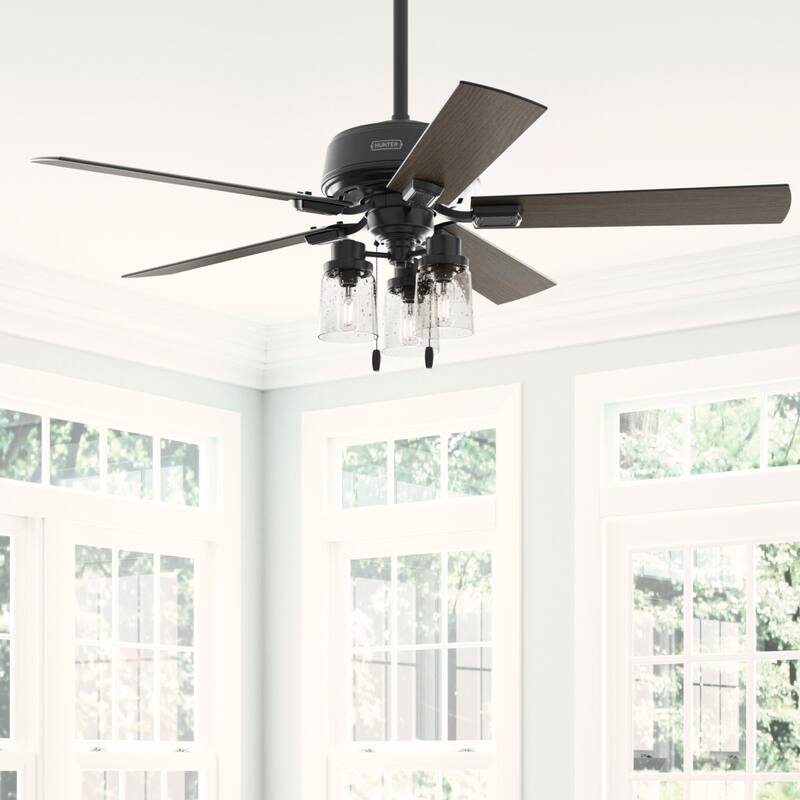 Hunter 52" Hartland Ceiling Fan with 3-Light LED Light and Pull Chains - Farmhouse, Transitional - Matte Black